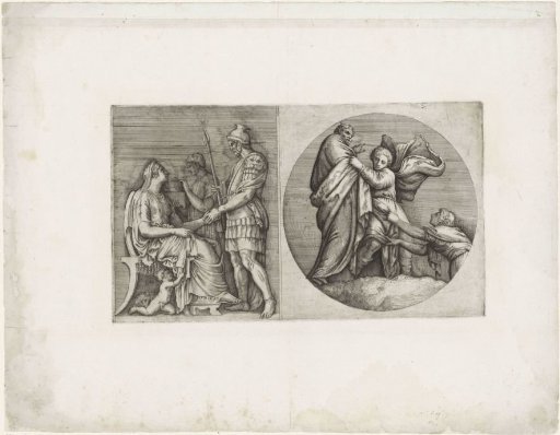 Roman soldier greets a Roman lady / Allegory: a boy clings to an old man while a woman pulls at his garment