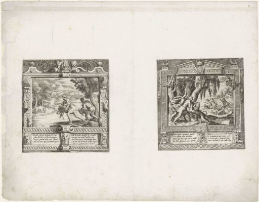 Romulus and Remus are thrown into the Tiber / Romulus and Remus protect a flock of sheep
