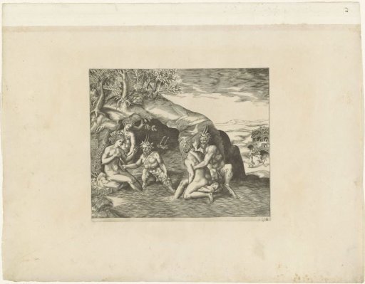 Three nymphs and two satyrs bathing
