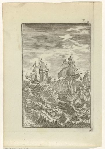 Three Sailing Ships and a Skiff on a Rough Sea