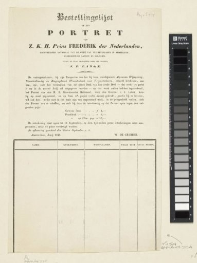 Order list for the portrait of Frederick, Prince of the Netherlands