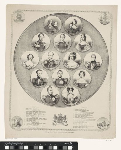 Portraits of William I Frederick, King of the Netherlands, Wilhelmina of Prussia, their sons with spouses, their daughter with spouse, and eight grandchildren