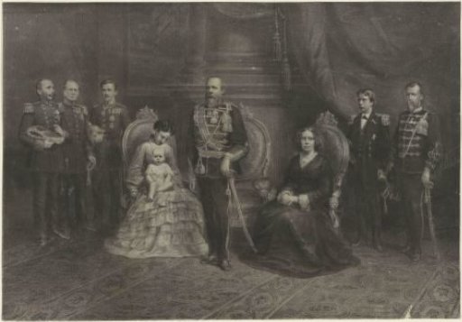 Family portrait of William III, King of the Netherlands, Sophie of Württemberg, his brother, his uncle, his niece with her husband, and two sons