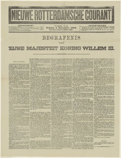 Newspaper with an article on the funeral of William III, King of the Netherlands, on 4 December 1890