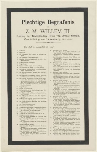 Program of the funeral of William III, King of the Netherlands, on 4 December 1890