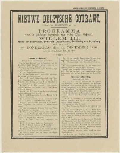 Newspaper with an article on the funeral of William III, King of the Netherlands, on 4 December 1890