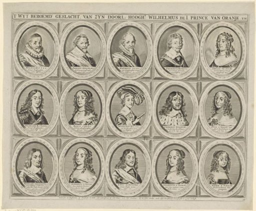 Portraits of William I, Prince of Orange, his sons Philip William, Maurice, and Frederick Henry, Princes of Orange, Amalia of Solms, their son with his wife, their daughters with their husbands, and a grandchild