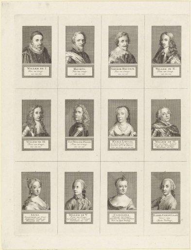 Portraits of William I, Maurice, Frederick Henry, William II and William III, princes of Orange, John William Friso, prince of Orange-Nassau, Maria Louisa of Hesse-Kassel, William IV, prince of Orange-Nassau, Anne of Hanover, William V, prince of Orange-Nassau, Carolina, princess of Orange-Nassau