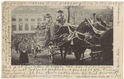 The golden carriage of the wedding procession of Wilhelmina, Queen of the Netherlands, and Henry of Mecklenburg-Schwerin in The Hague on February 7, 1901.