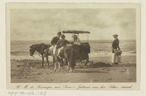 Wilhelmina, Queen of the Netherlands, and Juliana, Queen of the Netherlands, with a carriage on the beach at Scheveningen