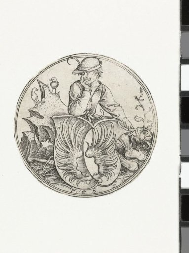 Shield with wings, held by a peasant