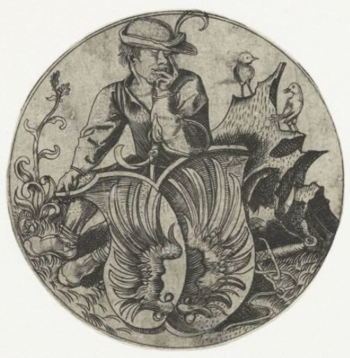 Shield with wings, held by a peasant