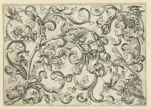 Ornament with leafy vines, parrots and other birds