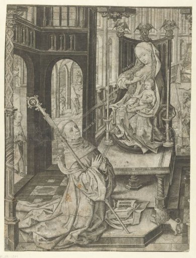 Saint Bernard kneeling before Mary with child