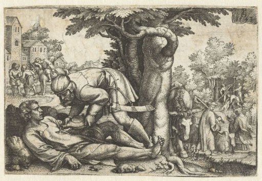 The Good Samaritan tends to the wounded traveler