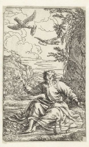 Elijah being fed by ravens in the wilderness