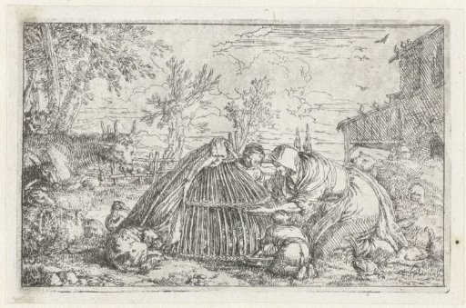 Peasant Woman and Two Children Feeding the Chickens