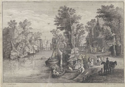 Village View with Small Ferryboat on the River