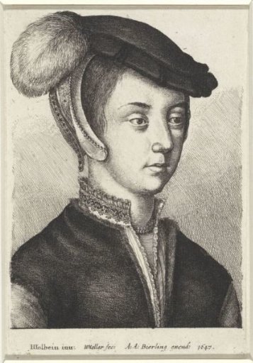 Portrait of a young woman with a plumed bonnet