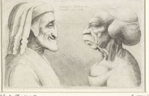 Grotesque caricature heads of a man with a cap (Dante?) and a woman