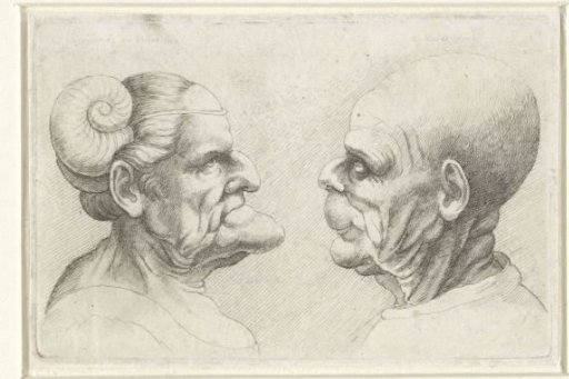Grotesque heads of a bald man and a woman with horns on her head