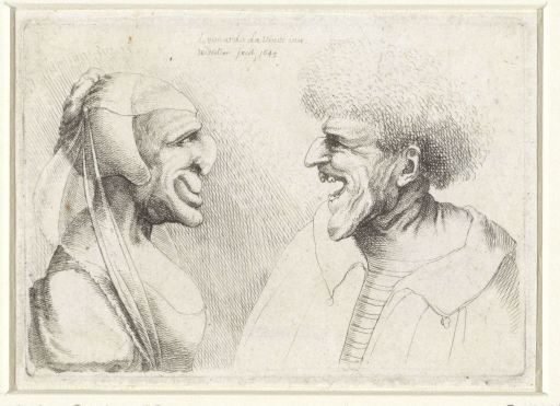 Grotesque heads of a smiling man and a woman with a coif