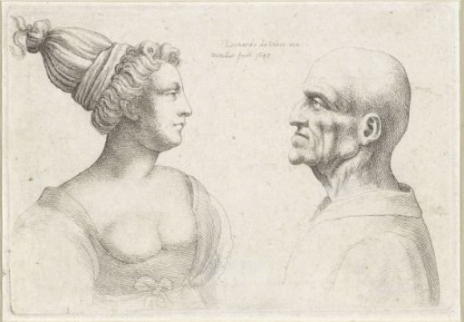 Heads of a bald man and a woman with a turban