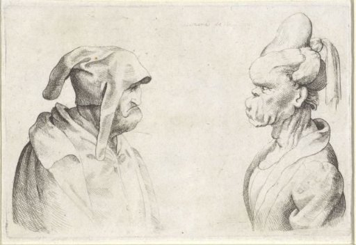 Grotesque heads of a man with a floppy cap and a woman with tied-up hair