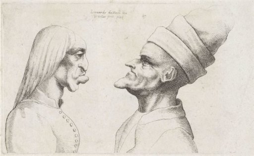 Grotesque heads of a woman with stiff hair and a man with a double-brimmed cap
