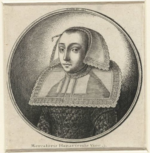 Woman with a large stiff collar, cap and hairpin