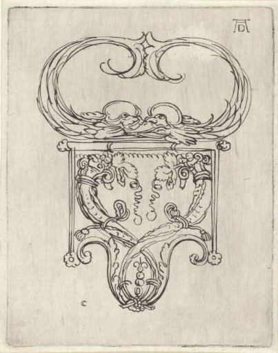 Ornament with two dolphins and cornucopias
