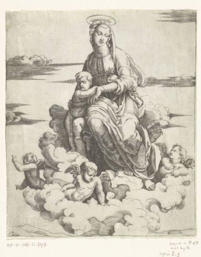 Mary with Child Seated on Clouds Surrounded by Angels