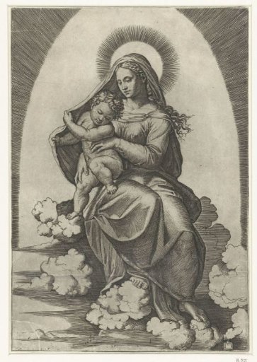 Mary with Child Seated on Clouds in a Halo of Rays