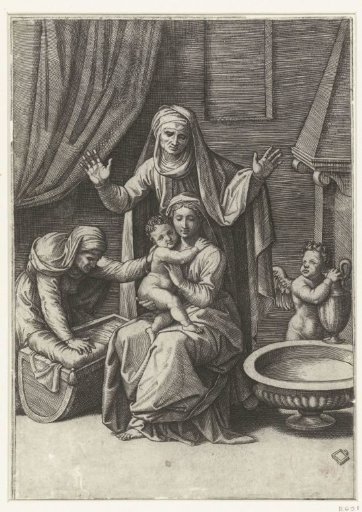 Mary with Child and Saints Anna and Elizabeth by a cradle and an angel with a water jug by a basin with water