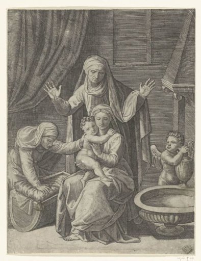 Mary with Child and Saints Anna and Elizabeth by a cradle and an angel with a water jug by a basin with water