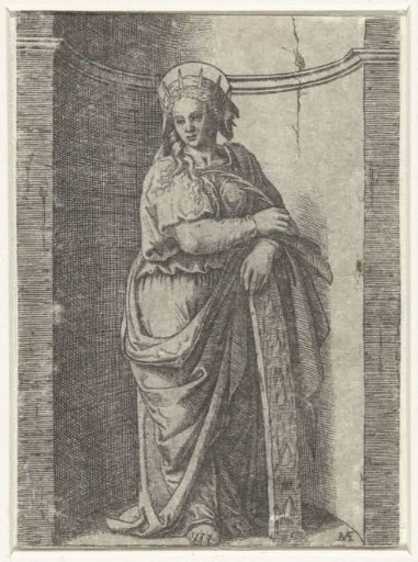 Saint Catherine standing in a niche with a broken wheel