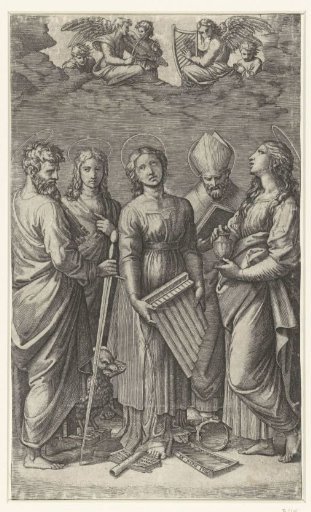 Saint Cecilia with musical instruments surrounded by four saints
