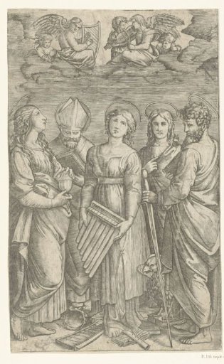 Saint Cecilia with musical instruments surrounded by four saints
