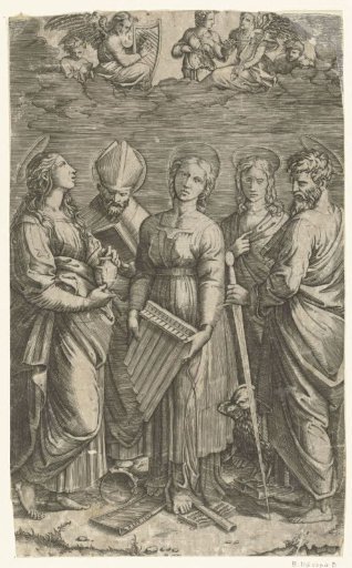 Saint Cecilia with musical instruments surrounded by four saints