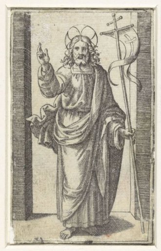 Christ with a cross banner making a blessing gesture
