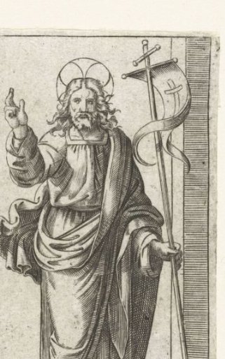 Christ with a cross banner making a blessing gesture