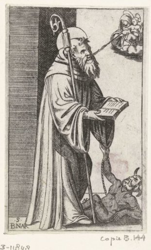 Saint Bernard receiving milk from Mary with Child and a chained devil at his feet