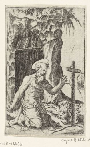Saint Jerome kneeling before a crucifix and a lion