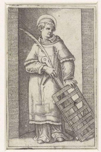 Saint Lawrence as deacon with a gridiron standing in a niche
