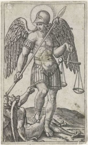 Archangel Michael standing on the devil with spear and scales