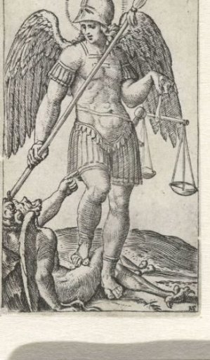 Archangel Michael standing on the devil with spear and scales