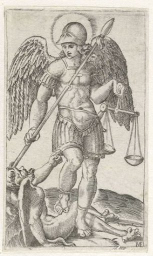 Archangel Michael standing on the devil with spear and scales
