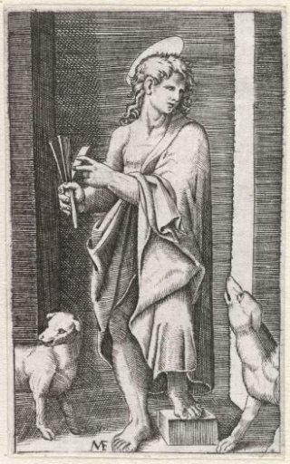 Saint Lazarus with a rattle and two dogs