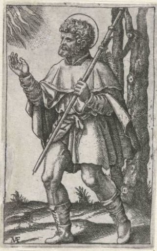 Saint Roch as pilgrim with pilgrim's staff and plague bubo on leg