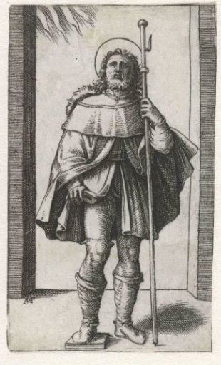 Saint Roch as pilgrim with pilgrim's staff showing plague bubo on leg